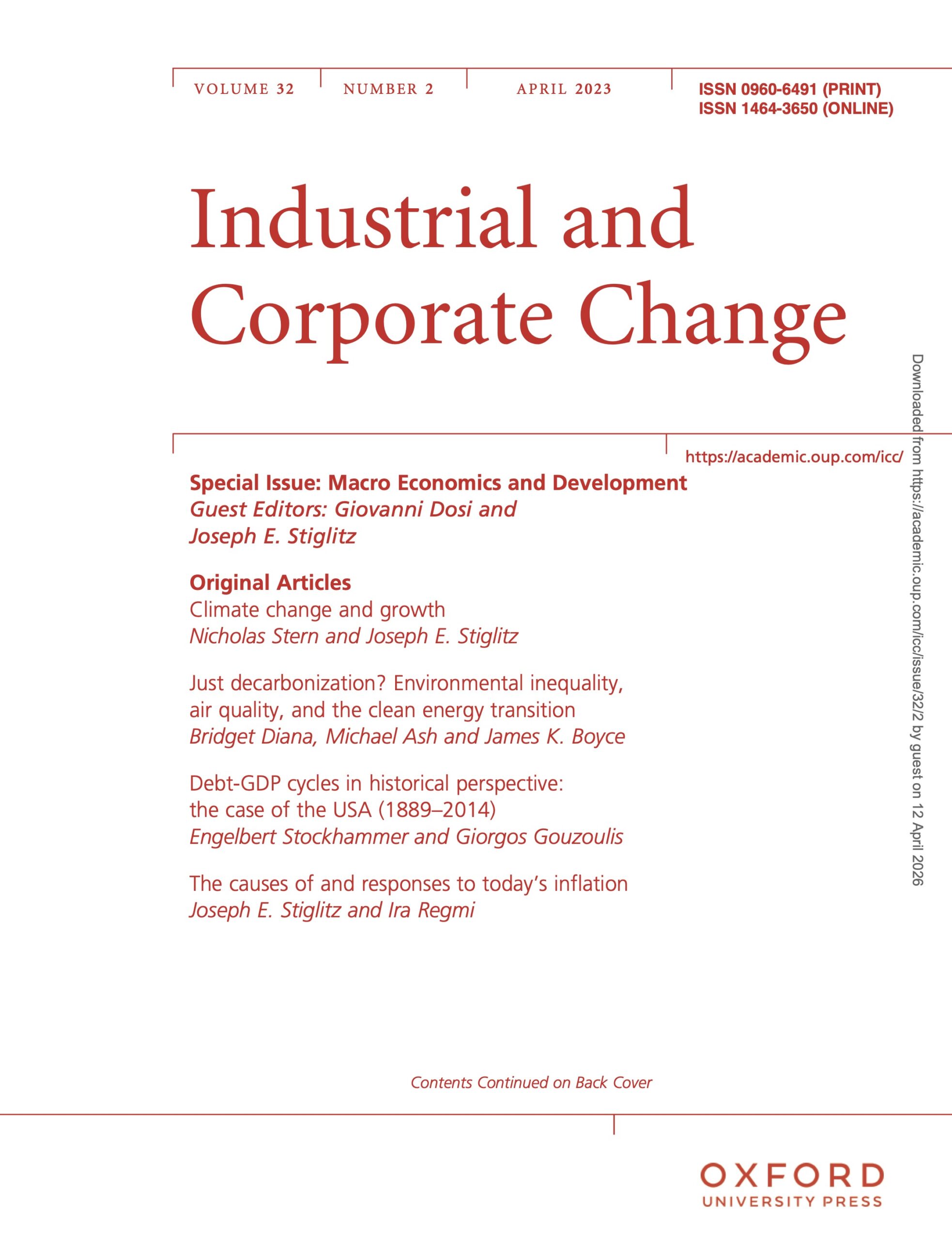 Cover of the Industrial and Corporate Change special issue on Macro Economics and Development